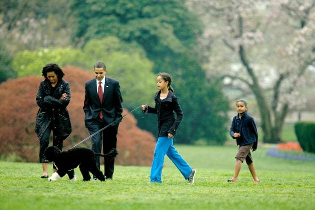 Obama Family Puppy7298.JPG.Washington, DC - April 14, 2009.The First Family shows off their new dog, Bo, on the South Lawn of the White House on Tuesday, April 14, 2009. From left to right: United States President Barack Obama, Bo, Malia Obama, Sasha Obama, and first lady Michelle Obama..Digital Photo by CNP-PHOTOlink. Washington DC USA EDITORIAL USE ONLY Copyright: xx CNP-PHOTOlink.netx phlphotos227277