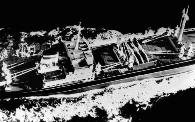 CUBAN MISSILE CRISIS, 1962. The Soviet ship Okhotsk leaving Cuba loaded with three fuselages from IL-28 light bombers. Photograph, 1962.  Copyright: xGRANGERx xGRANGERx 0646098