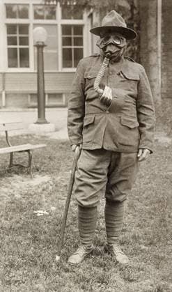 WWI: GAS MASK, 1918. Albert S. Pollard of the US Army Corps of Engineers, wearing the type of gas mask used by the English. Photograph, 1918.  Copyright: xGRANGERx xGRANGERx 0646179