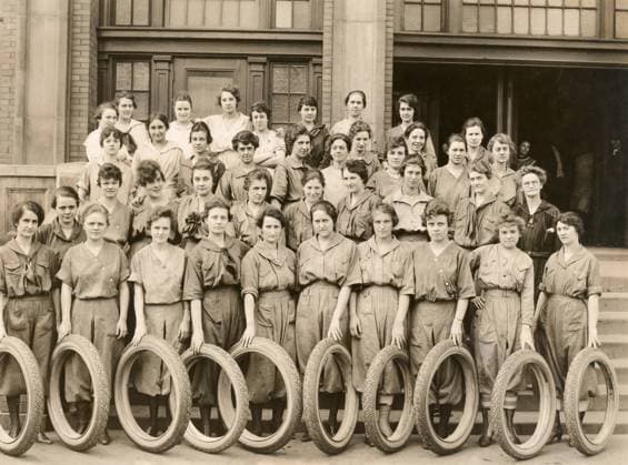 WWI: WOMEN WORKERS, c1918. Women working as tire finishers at the Firestone Tire and Rubber Company in Akron, Ohio, in the place of men who have gone to war. Photograph, c1918.  Copyright: xGRANGERx xGRANGERx 0646180