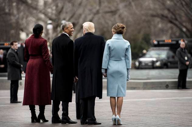 DONALD TRUMP (1946- ). 45th President of the United States. President Donald Trump, former President Barack Obama and their wives walk toward Executive One during the departure ceremony at the 58th Presidential Inauguration in Washington, D.C. Photograph, 20 January 2017.  Copyright: xGRANGERx xGRANGERx 0649250