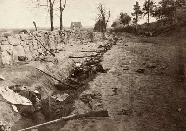 CIVIL WAR: FREDERICKSBURG. Casualties along the stone wall at the foot of Marye s Heights in Fredericksburg, Virginia. Photograph by Andrew Russell, 3 May 1863.  Copyright: xGRANGERx xGRANGERx 0650719