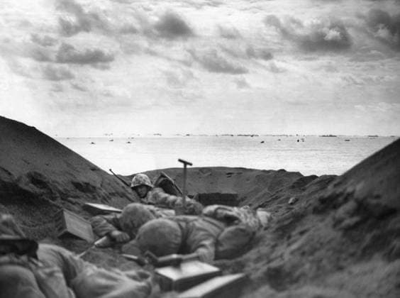 WWII: IWO JIMA, 1945. United States marines taking cover in a captured Japanese pillbox during the invasion of Iwo Jima. Photograph by Karl Thayer Soule, 1945.  Copyright: xGRANGERx xGRANGERx 0651636