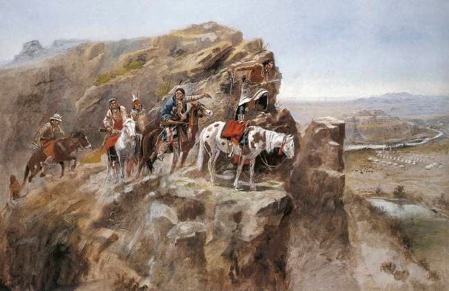 RUSSELL: SURVEYING TROOPS. Indians on a Bluff Surveying General Miles troops. Oil on canvas by Charles M. Russell, undated.  Copyright: xGRANGERx xGRANGERx 0652344