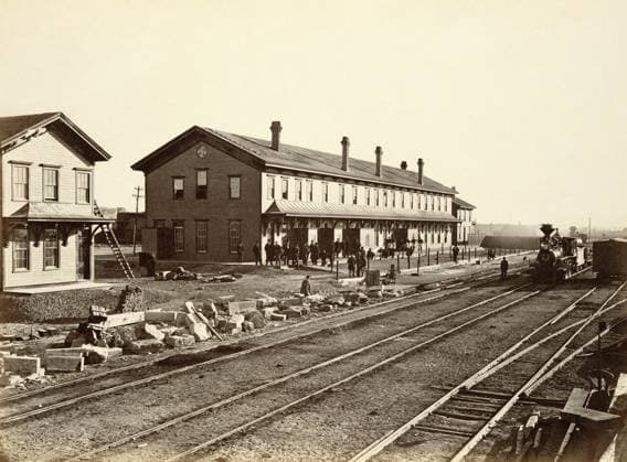 LARAMIE HOTEL, 1869. The Laramie Hotel along the Union Pacific Railroad tracks at Laramie City, Wyoming. Photograph by Andrew Joseph Russell, 1869.  Copyright: xGRANGERx xGRANGERx 0652833