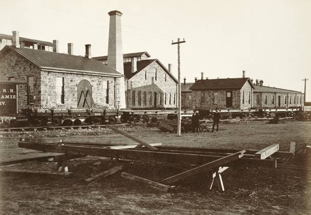 LARAMIE MACHINE SHOPS, 1869. The Laramie machine shop along the Union Pacific Railroad tracks at near Laramie City, Wyoming. Photograph by Andrew Joseph Russell, 1869.  Copyright: xGRANGERx xGRANGERx 0652834