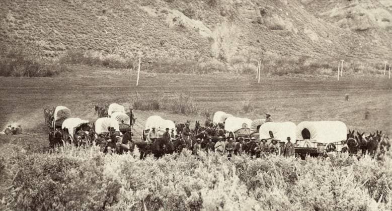 MORMON EMIGRANTS, c1870. A Mormon emigrant wagon train in Echo Canyon, Utah. Photograph by Charles William Carter, c1870.  Copyright: xGRANGERx xGRANGERx 0908697