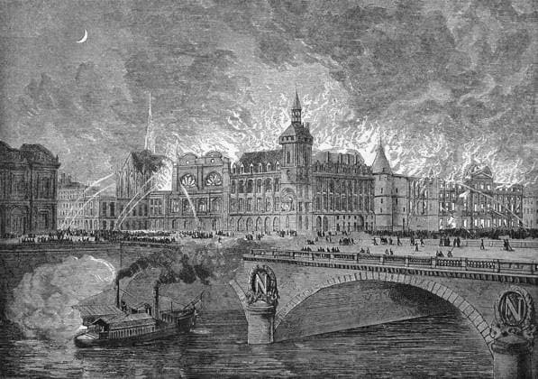 PARIS COMMUNE, 1871. The burning of the Palais de Justice during the fall of the Paris Commune, 24 May 1871. Woodcut, 19th century.  Copyright: xGRANGERx xGRANGERx 1031583