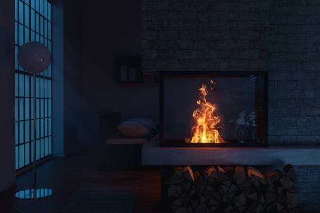 Modernes Apartement bei Nacht mit Kaminfeuer und hinten stehendes Schlafzimmer *** Modern Apartment at Night with open fire and at the back standing Bedroom 1103402628