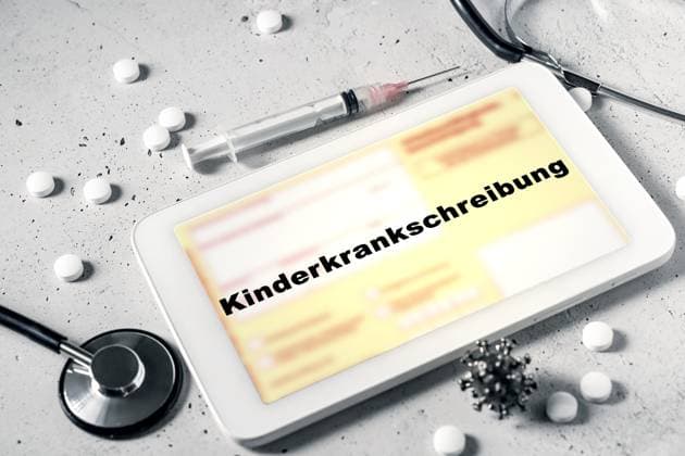29 March 2024: Computer tablet with doctor s certificate on the screen and the lettering: Kinderkrankschreibung. PHOTOMONTAGE *** Computer Tablet mit Arztattest auf dem Bildschirm und den Schriftzug: Kinderkrankschreibung. FOTOMONTAGE