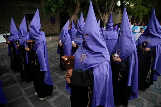 March 29, 2024, Morelia, Michoacan, Mexico: Members of the brotherhoods of the city of Morelia, Michoacan, during the procession of silence derived from the celebrations of Holy Week in Mexico, the tour took place this Friday afternoon, passing main avenues of the city. Morelia Mexico - ZUMAs310 20240329_zip_s310_011 Copyright: xLuisxExSalgadox