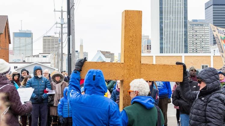 March 29, 2024, Edmonton, Canada: A crowd of devotees participates in The Way of the Cross procession through downtown Edmonton. Edmonton Canada - ZUMAs197 20240329_aaa_s197_243 Copyright: xRonxPalmerx