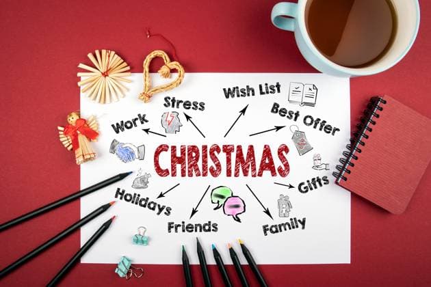 Christmas Concept. Chart with keywords and icons. Notebook with office supplies on a red background Copyright: xEdgarsxSermulisx