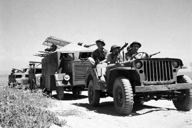 Israel Palestine: A force of Israeli Palmach armoured cars in the Negev Desert, Arab-Israeli War, 1948 The 1948 Arab Israeli War or the First Arab Israeli War was fought between the State of Israel and a military coalition of Arab states. In Hebrew it is known as The War of Independence or The War of Liberation . This war formed the second stage of the 1948 Palestine war, known in Arabic as The Nakba or Catastrophe . Copyright: xKlugerxZoltanxPicturesxFromxHistoryx
