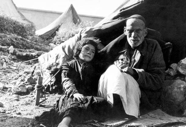 Israel Palestine: Palestinian father and daughter driven from their homes by Israeli forces, 1948. Hanini (CC BY 3.0 License) The 1948 Palestinian exodus, known in Arabic as the Nakba (Arabic: al-Nakbah, lit. catastrophe ), occurred when more than 700,000 Palestinian Arabs fled or were expelled from their homes, during the 1947 1948 Civil War in Mandatory Palestine and the 1948 Arab Israeli War.<br ><br > The exact number of refugees is a matter of dispute, but around 80 percent of the Arab inhabitants of what became Israel (50 percent of the Arab total of Mandatory Palestine) left or were expelled from their homes.<br ><br > Later in the war, Palestinians were forcibly expelled as part of Plan Dalet in a policy of ethnic cleansi Copyright: xHaninix(CCxBYx3.0xLicense)xPicturesxFromxHistoryx