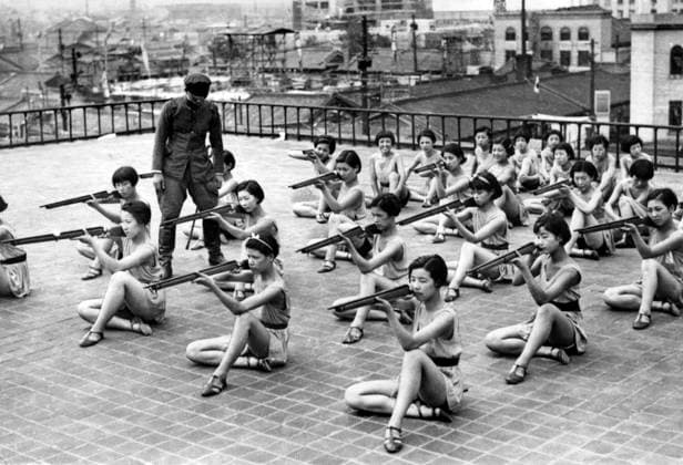 Japan: Japanese women rehearse a patriotic dance on a rooftop in Osaka during the Second Sino-Japanese War, July 1938 The Second Sino-Japanese War (July 7, 1937 September 9, 1945) was a military conflict fought primarily between the Republic of China and the Empire of Japan. After the Japanese attack on Pearl Harbor, the war merged into the greater conflict of World War II as a major front of what is broadly known as the Pacific War.<br ><br > Although the two countries had fought intermittently since 1931, total war started in earnest in 1937 and ended only with the surrender of Japan in 1945. The war was the result of a decades-long Japanese imperialist policy aiming to dominate China politically and militarily and to secure its vast Copyright: xxPicturesxFromxHistoryx