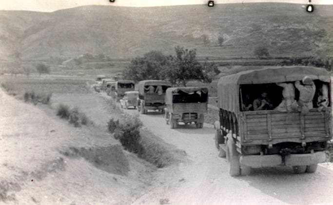 A column of military vehicles moving along a road from Sarrion towards S. Agustin. It is July 16, 1938, during the action known as Del Levante , in the course of the Spanish civil war (b w photo) 1250056 A column of military vehicles moving along a road from Sarrion towards S. Agustin. It is July 16, 1938, during the action known as Del Levante , in the course of the Spanish civil war (b w photo) by Unknown photographer, (20th century); (add.info.: Unidentified Author Spain); Fratelli Alinari Museum Collections, Florence, Italy. Copyright: xFratellixAlinarixMuseumxCollections,xFlorence,xItalyx xBridgemanxImagesx 1250056