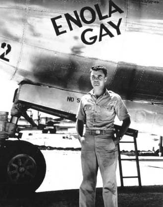 Japan USA: Colonel Paul Tibbets standing by the Enola Gay s cockpit before taking off for the bombing of Hiroshima, 6 August 1945 The Enola Gay is a Boeing B-29 Superfortress bomber named for Enola Gay Tibbets, the mother of the pilot, Colonel Paul Tibbets, who selected the aircraft while it was still on the assembly line. On 6 August 1945;, during the final stages of World War II, it became the first aircraft to drop an atomic bomb.<br ><br > The bomb, code-named Little Boy , was targeted at the city of Hiroshima, Japan, and caused unprecedented destruction. Enola Gay participated in the second atomic attack as the weather reconnaissance aircraft for the primary target of Kokura. Clouds and drifting smoke resulted in Nagasaki being bom Copyright: xxPicturesxFromxHistoryx