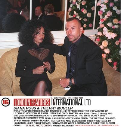Diana Ross and Thierry Mugler Ivana Trump married Riccardo Mazucchelli in ceremonies at the L Orangerie of le Cirque, New York at 7.30pm. Ivana was given away by her sons. Donald Jr (17) and Eric (11) and Daughter Ivanka (14) was Maid of Honour. The bride wore a blue satin suit encrusted with pearls and intricately embroidered. The suit was designed by her friend, Thierry Mugler, her hat was also designed by Thierry and made by London Milliner Phillip Treacy. Invanka Trump wore a champagne & gold todd oldham, Credit:Aubrey Reuben Avalon 0543009229