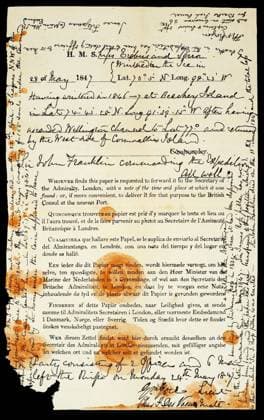 UK Canada: Note found in May 1859 in a cairn south of Back Bay, King William Island, detailing the fate of the Franklin expedition Part of the text reads: 25th April 1848 HMShips Terror and Erebus were deserted on the 22nd April 5 leagues NNW of this having been beset since 12th Sept 1846. The officers and crews consisting of 105 souls under the command of Captain F. R. M. Crozier landed here in Lat. 69Â°37 42 Long. 98Â°41 ...<br ><br > Sir John Franklin died on the 11th of June 1847 and the total loss by deaths in the Expedition has been to this date 9 officers and 15 men. James Fitzjames Captain HMS Erebus F. R. M. Crozier Captain & Senior Offr. Copyright: xxPicturesxFromxHistoryx