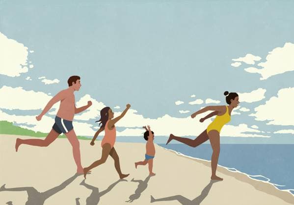 Happy, excited family on vacation running toward ocean on sunny summer beach  Copyright: MaltexMueller fStopImages2070067
