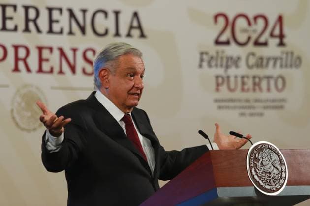 April 3, 2024, Mexico City, Mexico: MexicoÃ¢â‚¬â ¢s President, Andres Manuel Lopez Obrador, gesticulates while answering to media during a briefing conference at National Palace. on April 3, 2024 in Mexico City, Mexico. Mexico City Mexico - ZUMAe321 20240403_zia_e321_011 Copyright: xCarlosxSantiagox