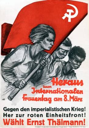 Germany: Heraus zum Internationalen Frauentag am 8 Marz! (Come Out on International Women s Day, 8 March). KPD (Kommunistische Partei Deutschlands, Communist Party of Germany) poster, Weimar Republic, 1918 - 1933 The Communist Party of Germany (German: Kommunistische Partei Deutschlands, KPD) was a major political party in Germany between 1918 and 1933, and a minor party in West Germany in the postwar period until it was banned in 1956. In the 1920s it was called the Spartacists , since it was formed from the Spartacus League.<br ><br > The poster art of the KPD differs from and in some ways predates Soviet-style Socialist Realism, exhibiting more expressionist and constructivist influences in its simplicity. Copyright: xxPicturesxFromxHistoryx