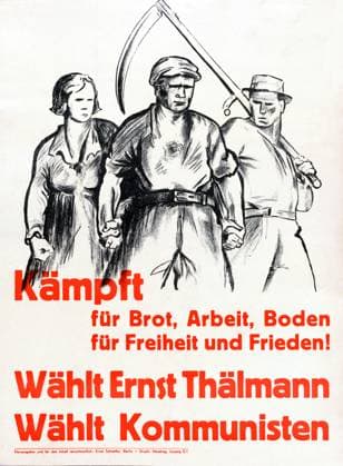 Germany: Kampft fur Brot, Arbeit, Boden, fur Freiheit und Frieden! (Fight for Bread, Work, Land, for Freedom and Peace!). KPD (Kommunistische Partei Deutschlands, Communist Party of Germany) poster, Weimar Republic, 1918 - 1933 The Communist Party of Germany (German: Kommunistische Partei Deutschlands, KPD) was a major political party in Germany between 1918 and 1933, and a minor party in West Germany in the postwar period until it was banned in 1956. In the 1920s it was called the Spartacists , since it was formed from the Spartacus League.<br ><br > The poster art of the KPD differs from and in some ways predates Soviet-style Socialist Realism, exhibiting more expressionist and constructivist influences in its simplicity. Copyright: xxPicturesxFromxHistoryx