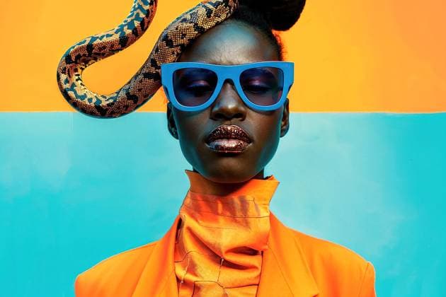 Creative Highlights Symbolbilder A Black woman standing with sunglasses on her head, a snake winding around her hair, under the sunlight. Model Released AdalbertoRodriguez_ID20484_605048_010 Copyright: xAdalbertoxRodriguezx RECORD DATE NOT STATED