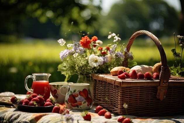 A peaceful picnic setup featuring fresh strawberries, a wicker basket, flowers, and refreshments in a sunny meadow. Generative AI image Model Released Golibt_ID19452_575842_001 Copyright: xGolibtx RECORD DATE NOT STATED