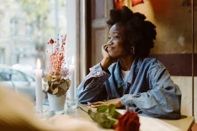 Smiling romantic woman staring at boyfriend during date at bar Germany, Berlin, model released, property released Copyright: xMaskotx , MA108403 MA108403