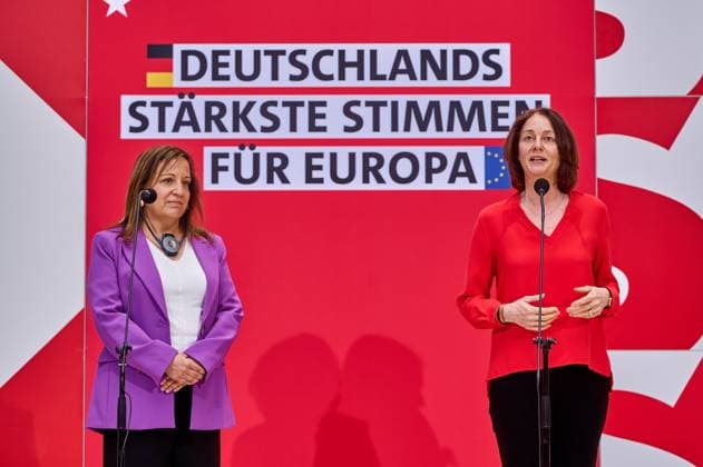 Iratxe García Pérez und Katarina Barley. Pressekonferenz mit SPD-Spitzenkandidatin für die Europawahl Katarina Barley gemeinsam mit der Vorsitzenden der S&D-Fraktion Iratxe García Pérez im Willy-Brandt-Haus nach Sitzung des SPD-Präsidiums mit dem Vorstand und Delegationsleiter:innen der S&D Fraktion im Europaparlament. FlorianxBoillot