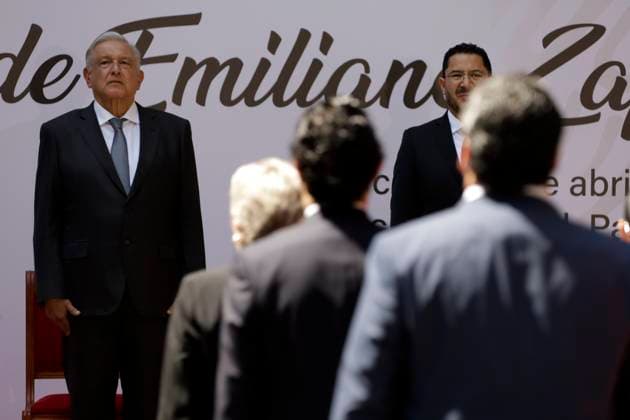 April 10, 2024 in Mexico City, Mexico: The president of Mexico, Andres Manuel Lopez Obrador during the ceremony for the 105th Death Anniversary of Emiliano Zapata, held in the Patio of Honor of the National Palace. Mexico City Mexico - ZUMAe321 20240410_zia_e321_035 Copyright: xLuisxBarronx