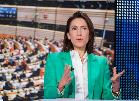 European Election Debate With The French Candidates - Brussels Renew (Renaissance) candidate for the European elections Valerie Hayer during a debate on the European elections with the French candidates, organised by FRANCE 24 and RFI from the European Parliament in Brussels, Belgium on April 10, 2024. Photo by Monasse T ANDBZ ABACAPRESS.COM Brussels Belgium  Copyright: xMonassexThierry ANDBZ ABACAx