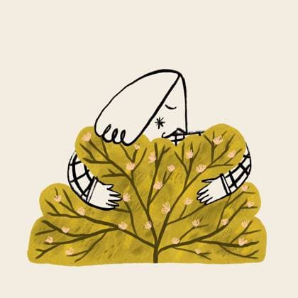 An artistic illustration depicting a girl with closed eyes, engulfed in a warm embrace with a bush full of blooming flowers Model Released BrendaFebus_ID20314_600916_005 Copyright: xBrendaxFebusx RECORD DATE NOT STATED
