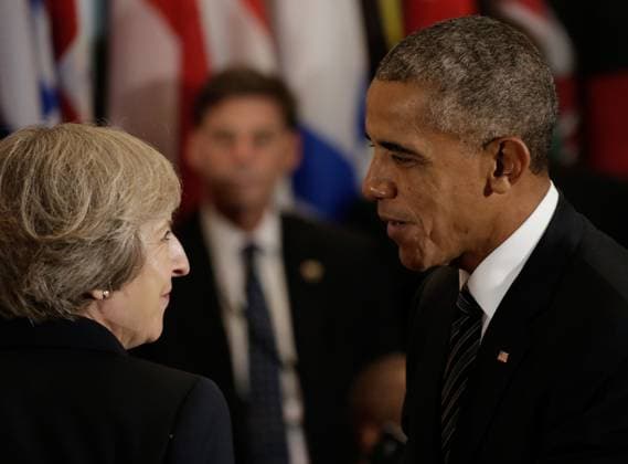 United Nations 71st Session of the General Debate United States President Barack Obama (R) greets British Prime Minister Theresa May before a luncheon for world leaders during the United Nations 71st session of the General Debate at United Nations headquarters in New York, New York, USA, 20 September 2016. Photo Credit: Peter Foley CNP AdMedia New York New York United States of America EDITORIAL USE ONLY  Copyright: xx o14 PeterxFoleyx admphotostwo289506