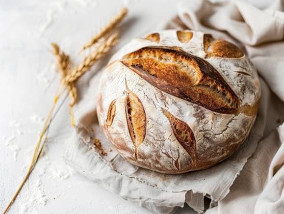 A rustic artisan sourdough loaf dusted with flour, accompanied by wheat stalks, evokes a sense of tradition. Captured by Generative AI Model Released RamonLopez_ID20331_601380_006 Copyright: xRamonxLopezx RECORD DATE NOT STATED