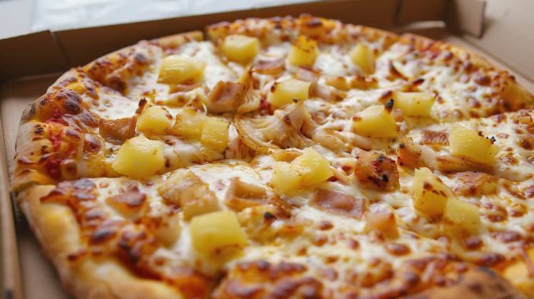 Close-up image of a freshly baked Hawaiian pizza with pineapple and ham toppings, served in a brown cardboard delivery box. Generative AI image Model Released RamonLopez_ID20831_614430_004 Copyright: xRamonxLopezx RECORD DATE NOT STATED
