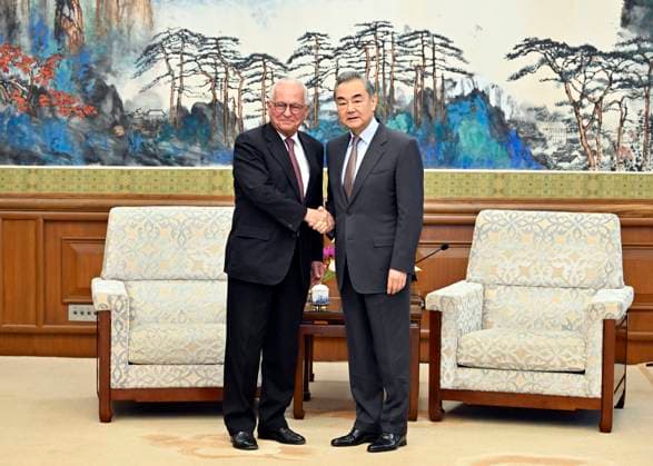 (240412) -- BEIJING, April 12, 2024 -- Chinese Foreign Minister Wang Yi, also a member of the Political Bureau of the Communist Party of China Central Committee, meets with Wolfgang Ischinger, chairman of the Munich Security Conference (MSC) Foundation, in Beijing, capital of China, April 12, 2024. ) CHINA-BEIJING-WANG YI-MSC FOUNDATION-CHAIRMAN-MEETING (CN) YinxBogu 