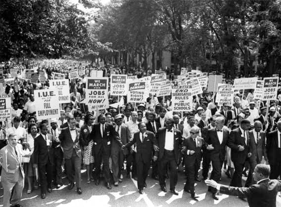 Martin Luther King and the Leaders of the March on Washington, 28th August 1963 (b w photo) 1699417 Martin Luther King and the Leaders of the March on Washington, 28th August 1963 (b w photo) by American Photographer, (20th century); (add.info.: The March on Washington for Jobs and Freedom, also known as simply the March on Washington or The Great March on Washington, was held in Washington, D.C., on August 28, 1963. The purpose of the march was to advocate for the civil and economic rights of African Americans. At the march, final speaker Dr. Martin Luther King Jr., standing in front of the Lincoln Memorial, delivered his historic I Have a Dream speech in which he called for an end to racism.). Copyright: xBridgemanxImagesx 1699417