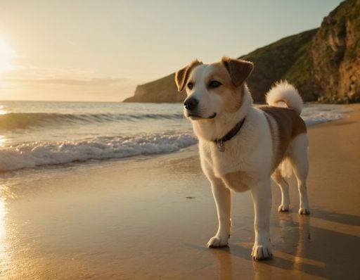 A dog on beach with sun setting in background 23861336 RECORD DATE NOT STATED