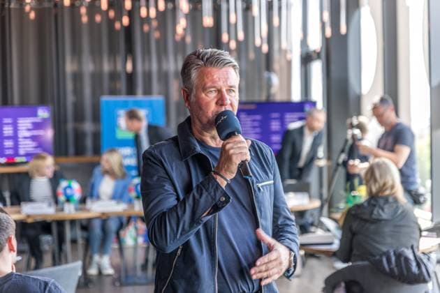 Michael Drevenstedt, Moderator MDR Aktuell, Sport im Osten, beim Pressetermin zur Vorstellung Fanzone EM 2024 Vorstellung Programm EM