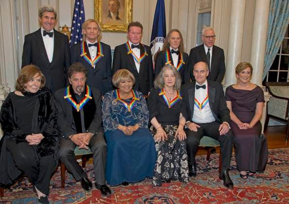 2016 Kennedy Center Honors Formal Group Photo The five recipients of the 39th Annual Kennedy Center Honors pose for a group photo following a dinner hosted by United States Secretary of State John F. Kerry in their honor at the U.S. Department of State in Washington, D.C. on Saturday, December 3, 2016. The 2016 honorees are: Argentine pianist Martha Argerich; rock band the Eagles; screen and stage actor Al Pacino; gospel and blues singer Mavis Staples; and musician James Taylor. From left to right back row: United States Secretary of State John Kerry, Joe Walsh, Don Henley, and Timothy B. Schmidt of the rock band The Eagles and David M. Rubenstein, Chairman, John F. Kennedy Center for the Performing Arts. Front row, left to right: Ter Copyright: xx _CNP0560 RonxSachsx cnpphotos194417