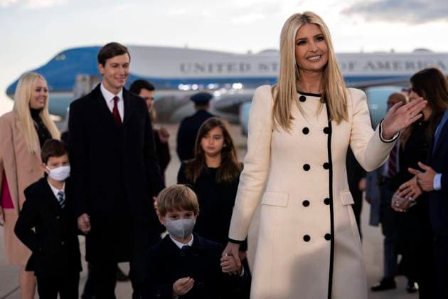 President Trump Holds Departure Ceremony Before Florida Travel Ivanka Trump, senior adviser to President Trump, Jared Kushner, senior White House adviser, and their children arrive to a farewell ceremony at Joint Base Andrews, Maryland, U.S., on Wednesday, Jan. 20, 2021. Trump departs Washington with Americans more politically divided and more likely to be out of work than when he arrived, while awaiting trial for his second impeachment - an ignominious end to one of the most turbulent presidencies in American history. Credit: Stefani Reynolds Pool via CNP Joint Base Andrews Maryland United States of America EDITORIAL USE ONLY Copyright: xx SR020 StefanixReynoldsx-xPoolxviaxCNPx cnpphotos199704