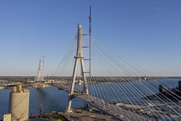 Detroit, Michigan USA -15 April 2024, Construction of the Gordie Howe International Bridge. The bridge will link Detroit with Windsor, Ontario across the Detroit River Copyright: imageBROKER JimxWest ibljiw10480989.jpg