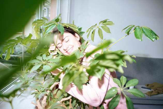 Creative Highlights Symbolbilder Smiling businesswoman with eyes closed amidst green plants at home model released, Symbolfoto property released, KNSF10270