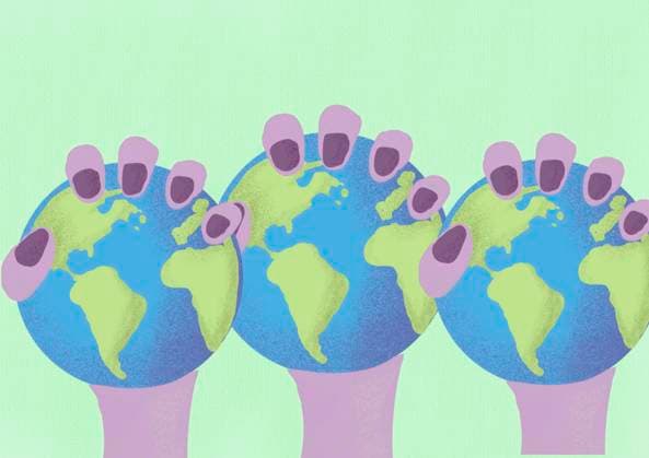 Hands of women holding Planet Earth against green background, EGHF00932