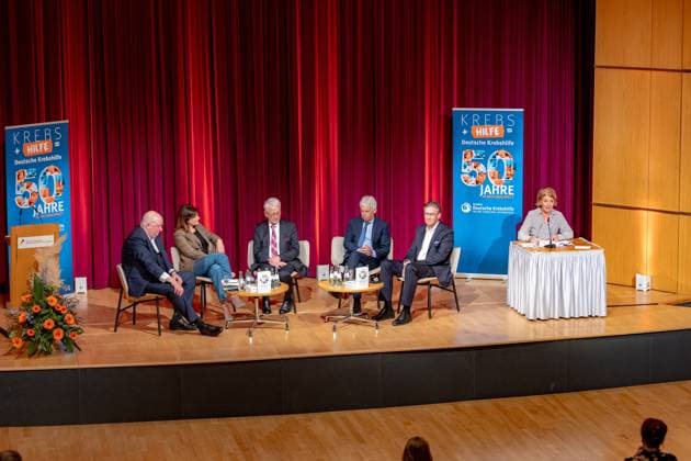 Moderator, Journalist und Autor Jörg THADEUSZ, Buchautorin Dr. Heike SPECHT, Prof. Dr. Heribert JÜRGENS (Universitätsklinikum Münster), Vorstandsvorsitzender Gerd NETTEKOVEN (Deutsche Krebshilfe), Prof. Dr. Carsten BOKEMEYER (Universitätsklinikum Hamburg Eppendorf) und Schauspielerin Mariele MILLOWITSCH - 50 Jahre Deutsche Krebshilfe - Podiumsdiskussion Wie Mildred Scheel und die Deutsche Krebshilfe Geschichte schrieben und Lesung zum Buch Im Mittelpunkt der Mensch (Dr. Heike Specht) im Haus der Geschichte in Bonn 24.04.2024 Bonn Gronau NRW Deutschland Copyright: xBonn.digitalx xMarcxJohnx