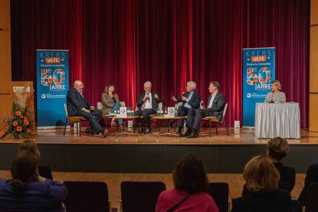 Moderator, Journalist und Autor Jörg THADEUSZ, Buchautorin Dr. Heike SPECHT, Prof. Dr. Heribert JÜRGENS (Universitätsklinikum Münster), Vorstandsvorsitzender Gerd NETTEKOVEN (Deutsche Krebshilfe), Prof. Dr. Carsten BOKEMEYER (Universitätsklinikum Hamburg Eppendorf) und Schauspielerin Mariele MILLOWITSCH - 50 Jahre Deutsche Krebshilfe - Podiumsdiskussion Wie Mildred Scheel und die Deutsche Krebshilfe Geschichte schrieben und Lesung zum Buch Im Mittelpunkt der Mensch (Dr. Heike Specht) im Haus der Geschichte in Bonn 24.04.2024 Bonn Gronau NRW Deutschland Copyright: xBonn.digitalx xMarcxJohnx