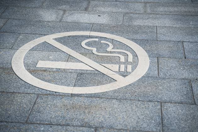 July 21, 2023: Sign on the street, smoking ban. Forbidden to smoke zone *** Hinweisschild auf der Straße, Rauchverbot. Verboten zu Rauchen Zone